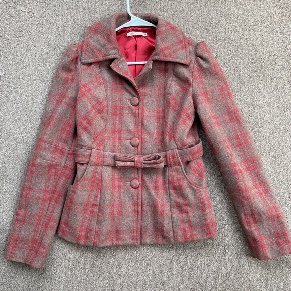 tulle jacket plaid wool blend red brown satin lined belted size med - Picture 1 of 7